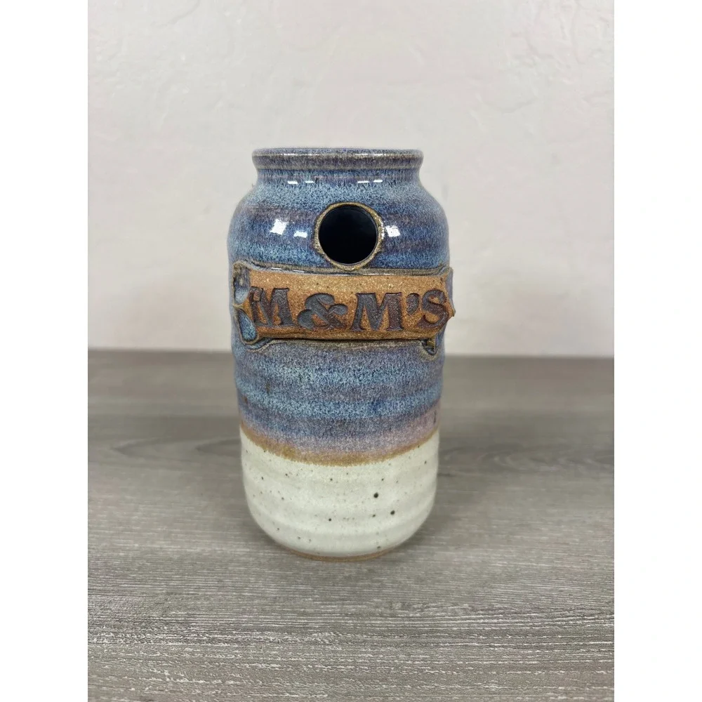 Studio Pottery M&M'S Handcrafted Glazed Ceramic Jar Blue Cream 6 Inch